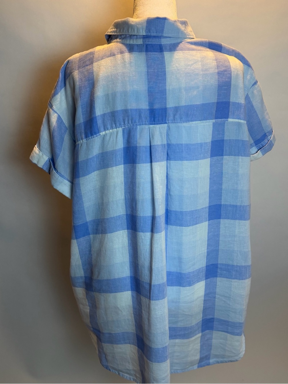 Caslon Light Blue and Cream Short Sleeve Plaid Linen Blend Button-Up Shirt - Picture 3 of 8
